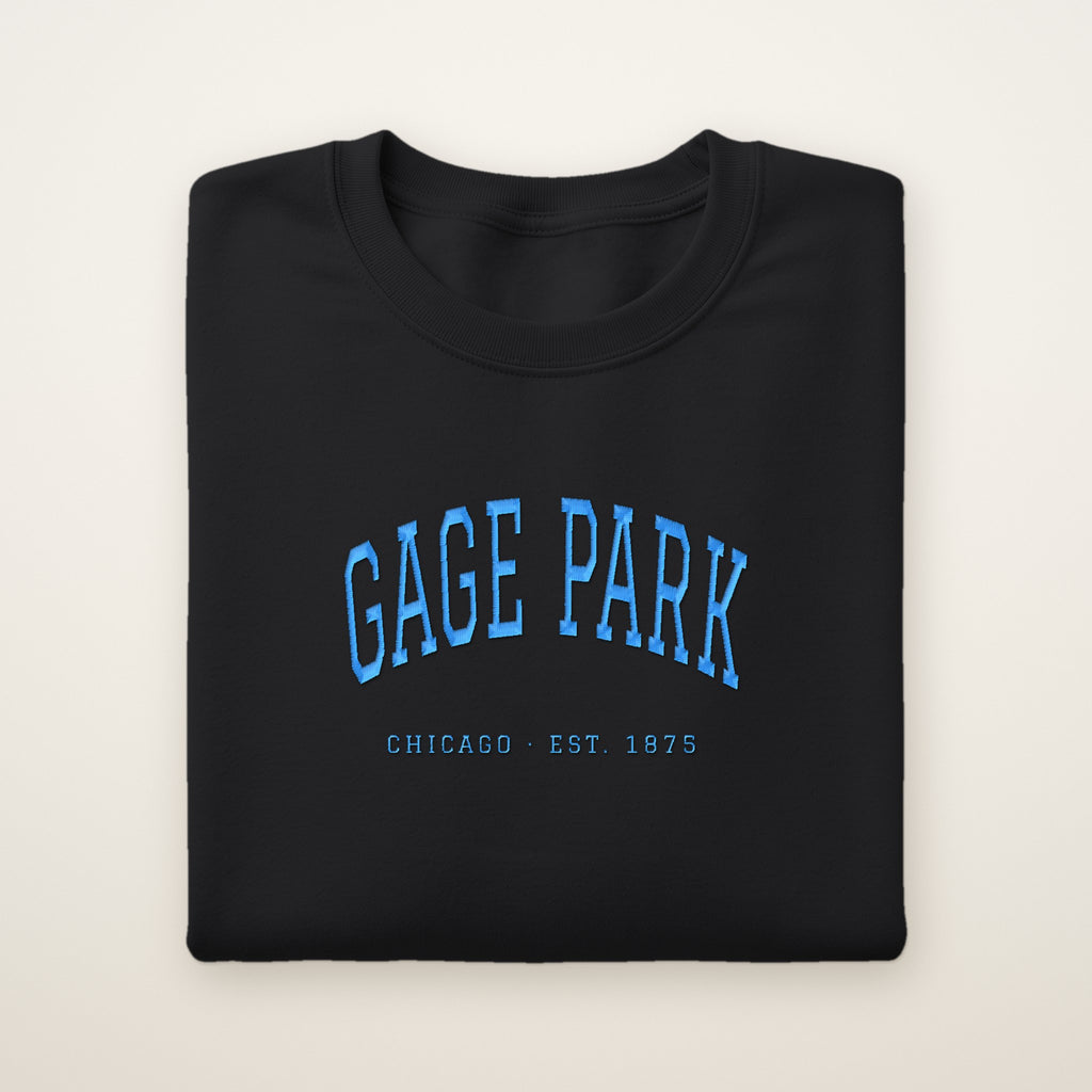 Gage Park Chicago Embroidered Crewneck — Sky Blue Thread on Black