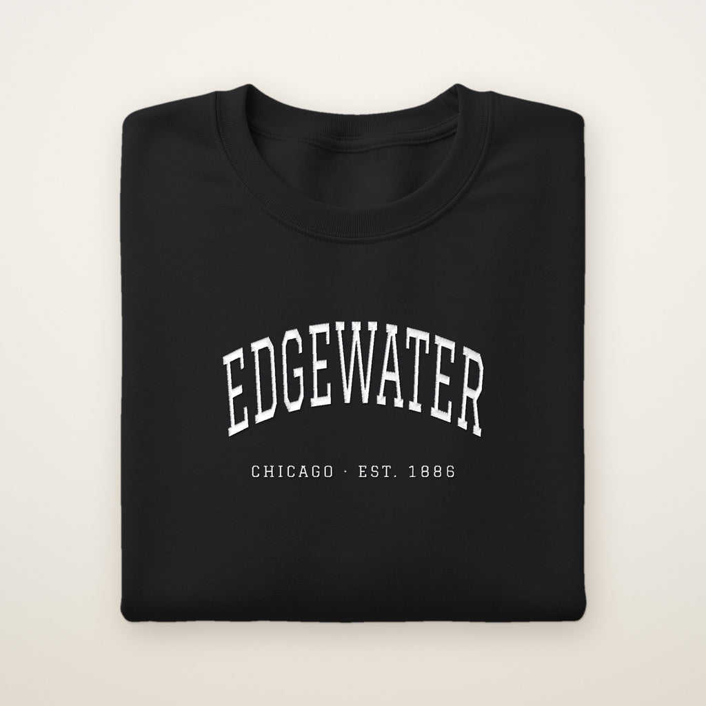 Edgewater Chicago Embroidered Crewneck — White Thread on Black