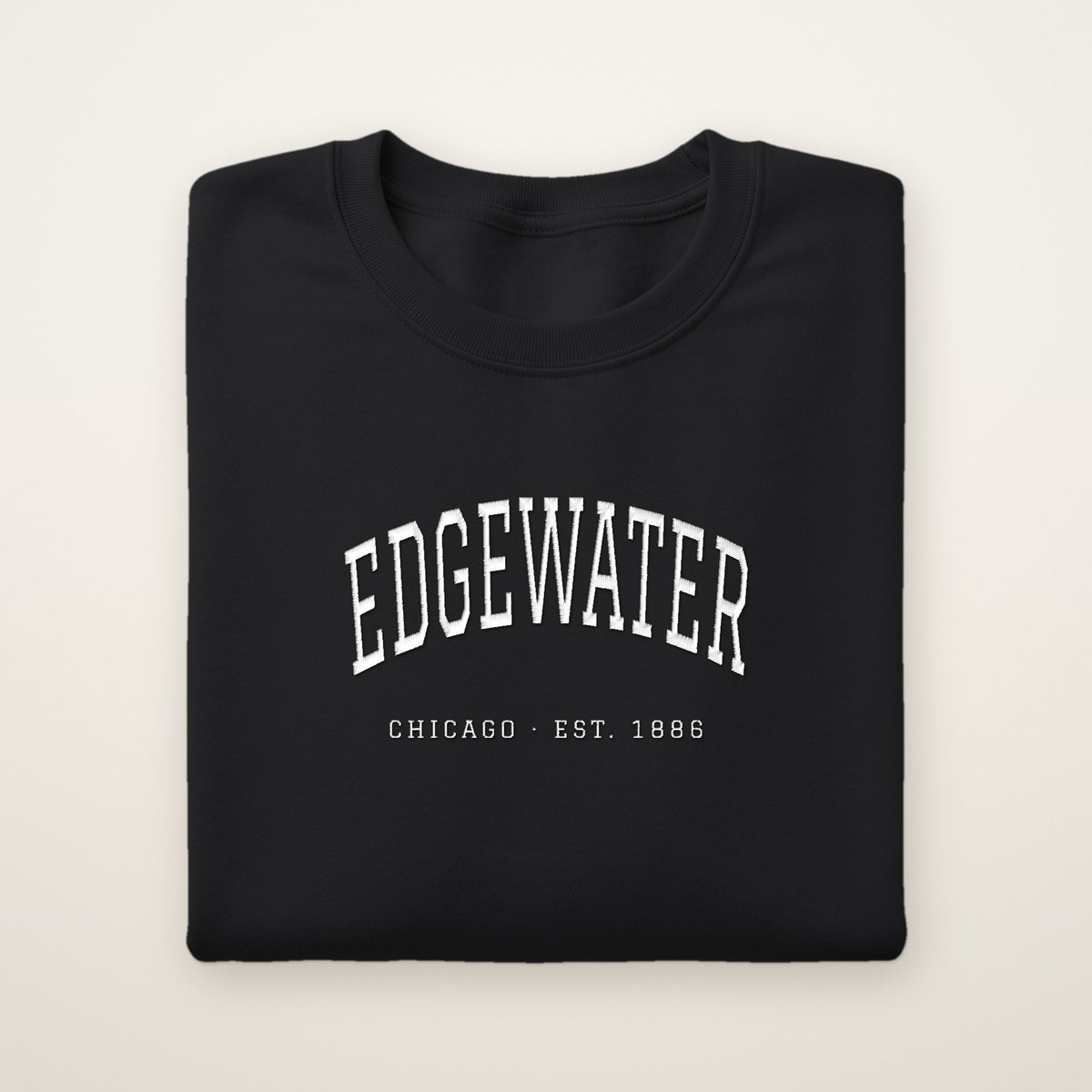 Edgewater Chicago Embroidered Crewneck — White Thread on Black