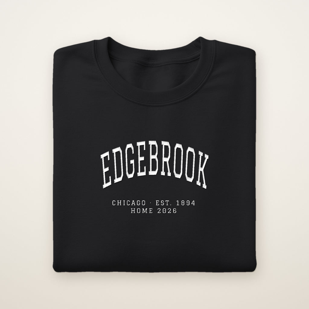 Edgebrook Chicago Home 2026 Embroidered Crewneck — White Thread on Black