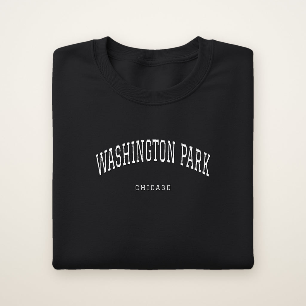 Washington Park Chicago Embroidered Crewneck — White Thread on Black