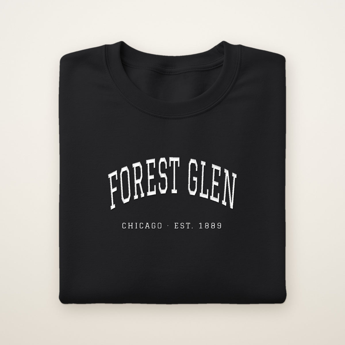 Forest Glen Chicago Embroidered Crewneck — White Thread on Black
