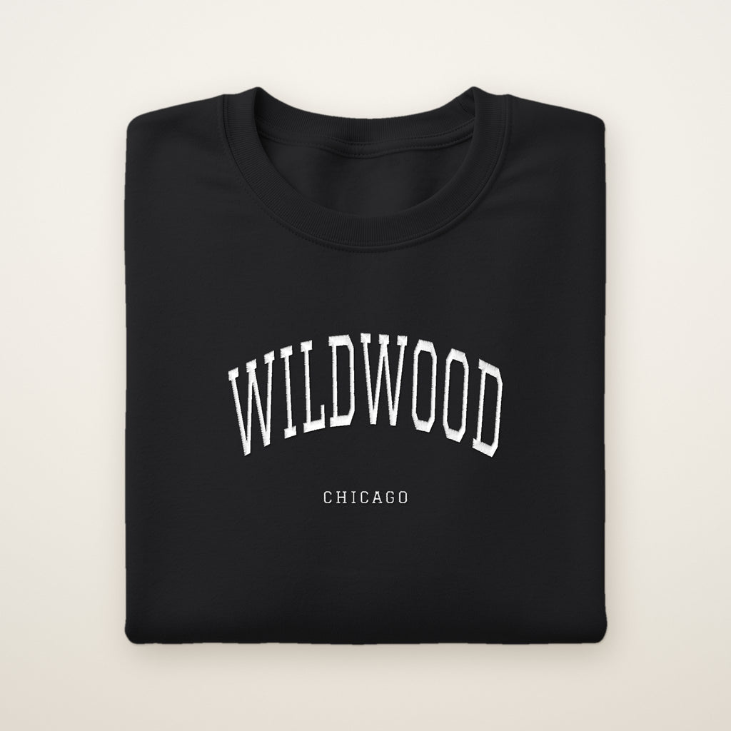 Wildwood Chicago Embroidered Crewneck — White Thread on Black