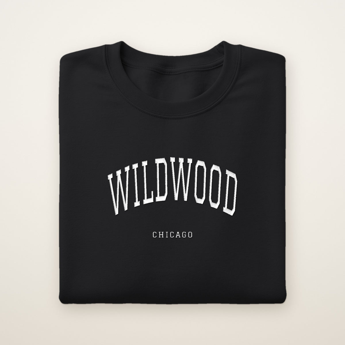 Wildwood Chicago Embroidered Crewneck — White Thread on Black