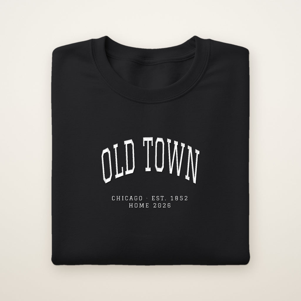 Old Town Chicago Home 2026 Embroidered Crewneck — White Thread on Black