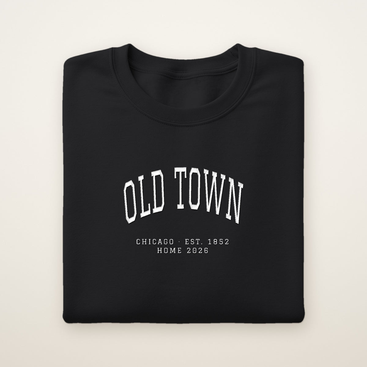 Old Town Chicago Home 2026 Embroidered Crewneck — White Thread on Black