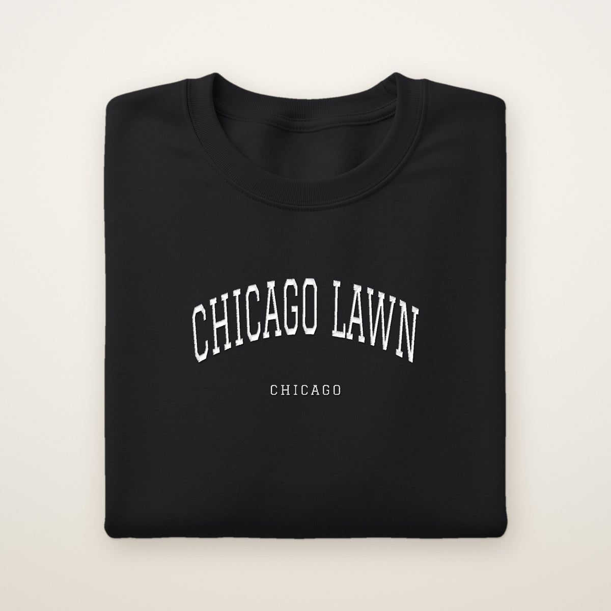 Chicago Lawn Chicago Embroidered Crewneck — White Thread on Black