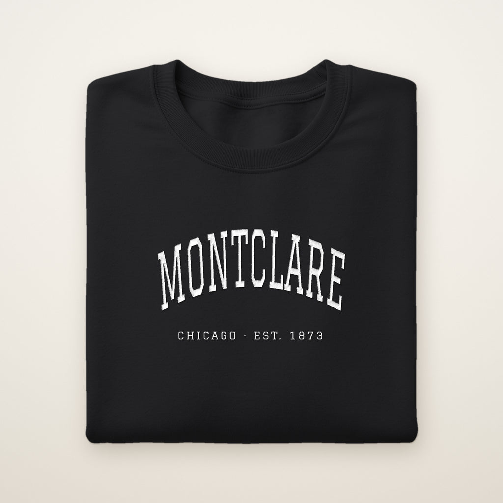 Montclare Chicago Embroidered Crewneck — White Thread on Black