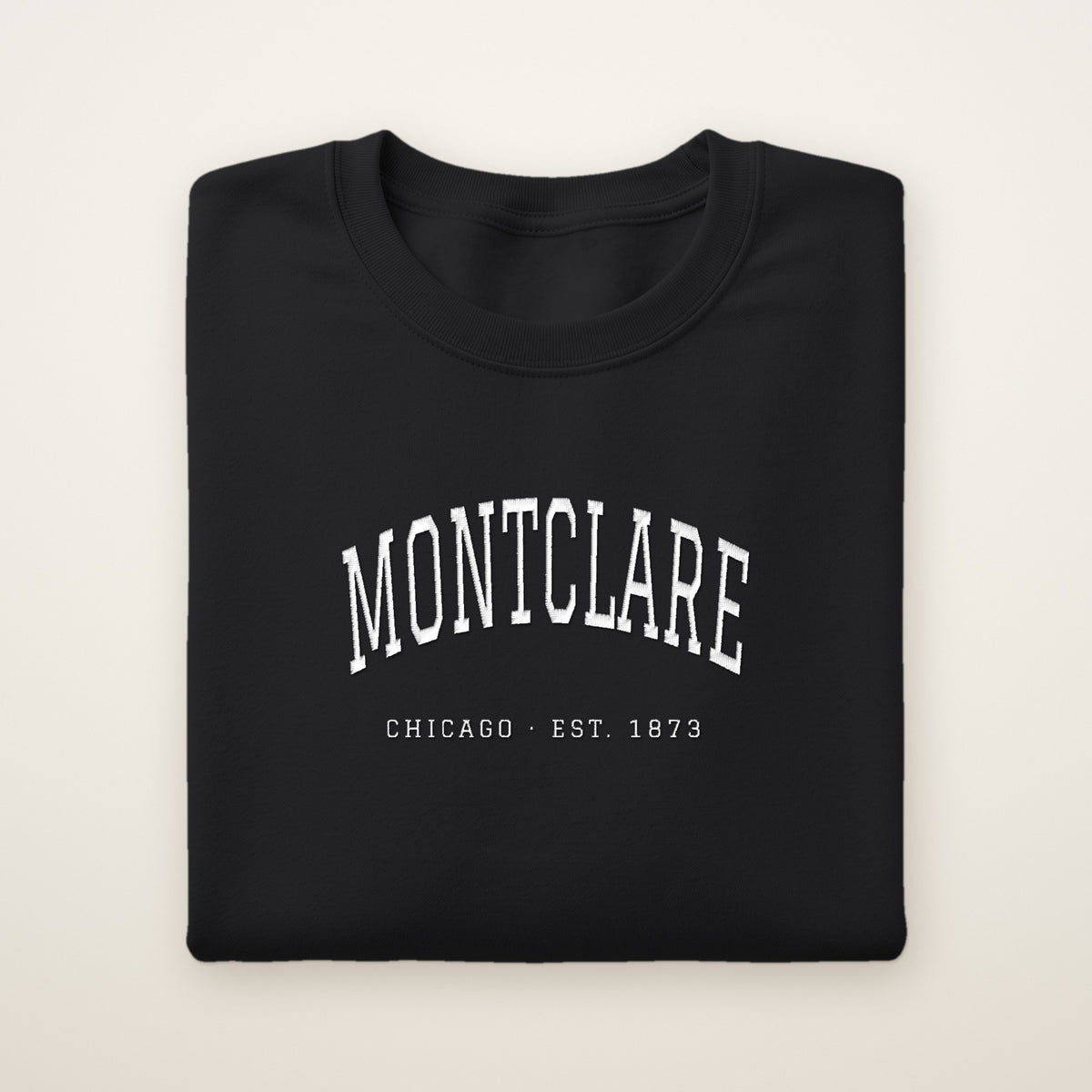 Montclare Chicago Embroidered Crewneck — White Thread on Black