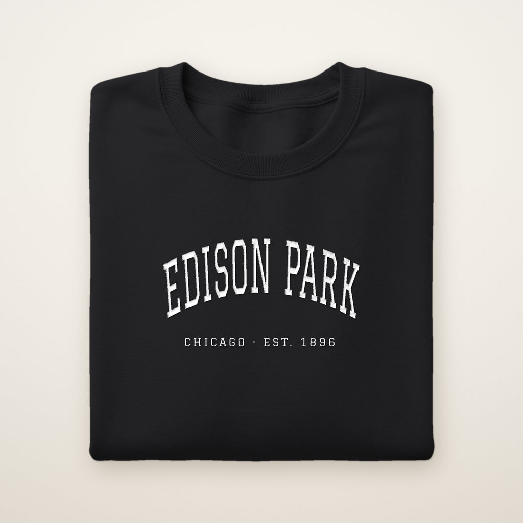 Edison Park Chicago Embroidered Crewneck — White Thread on Black