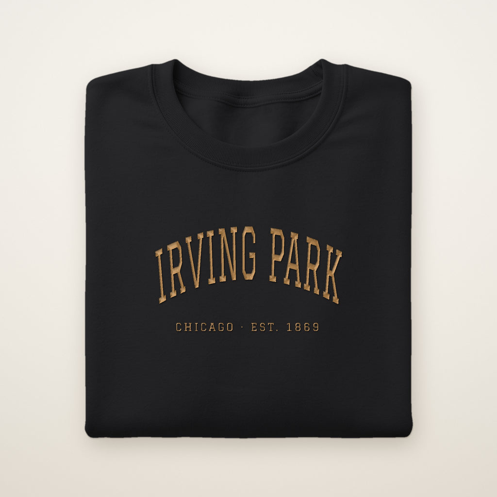 Irving Park Chicago Embroidered Crewneck — Gold Thread on Black