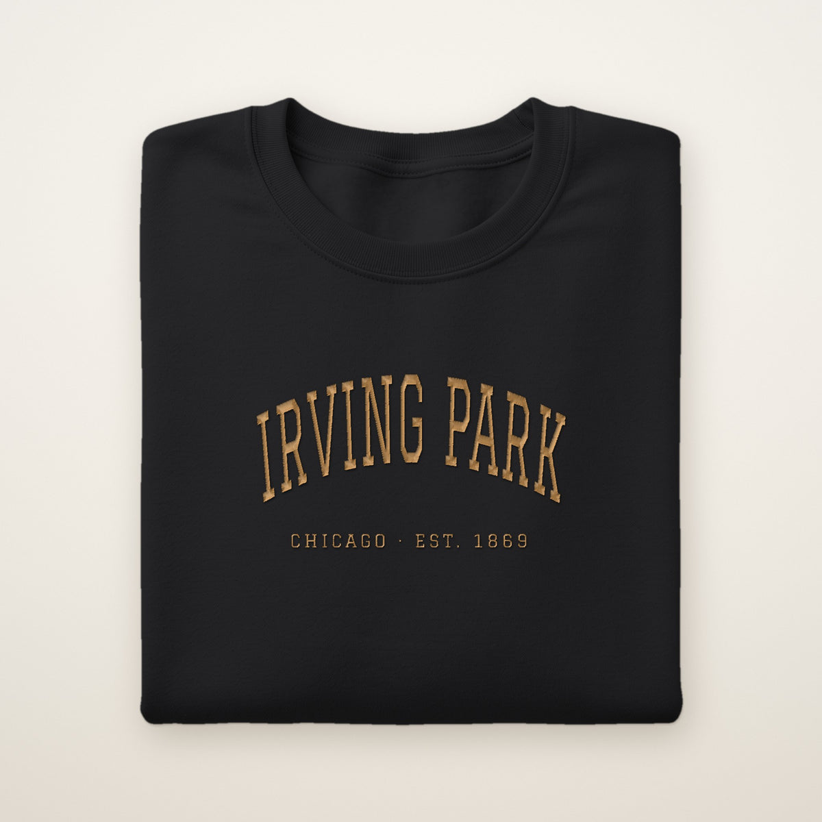 Irving Park Chicago Embroidered Crewneck — Gold Thread on Black