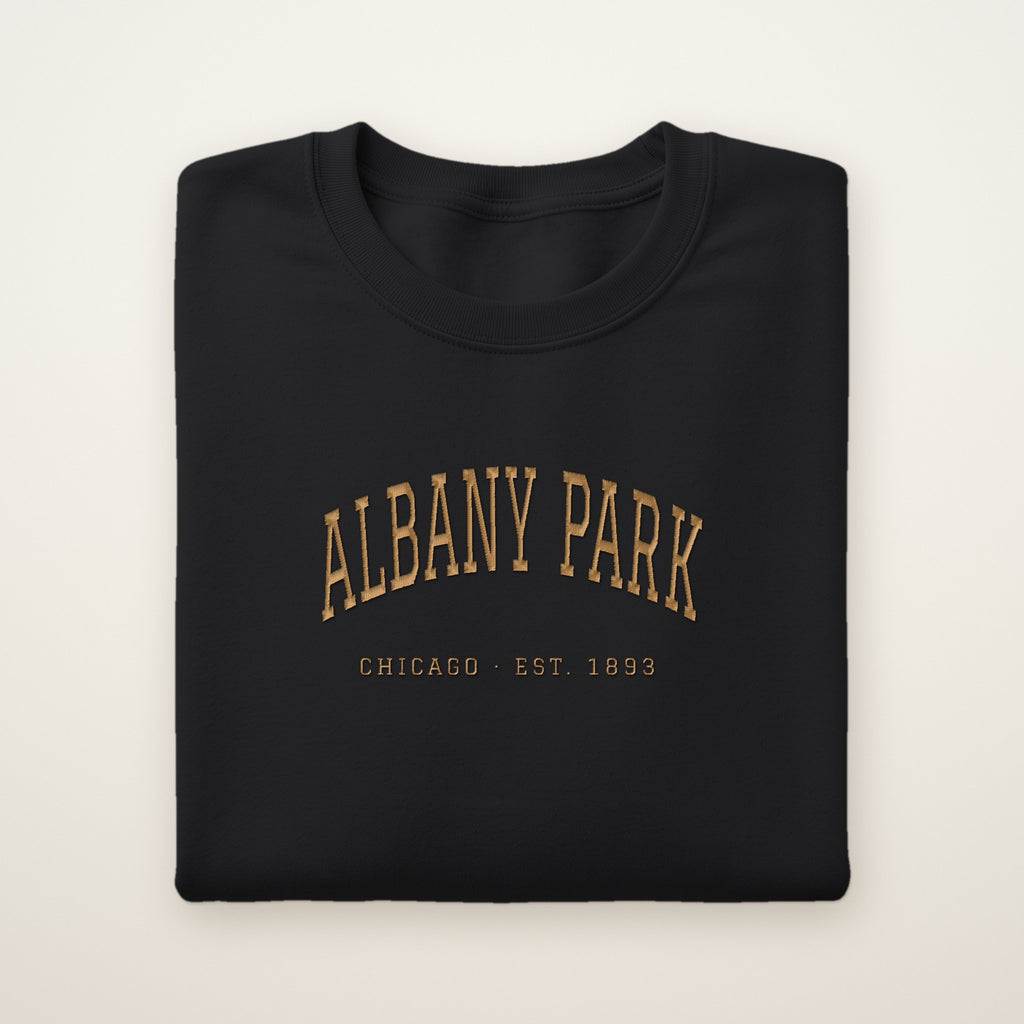Albany Park Chicago Embroidered Crewneck — Gold Thread on Black