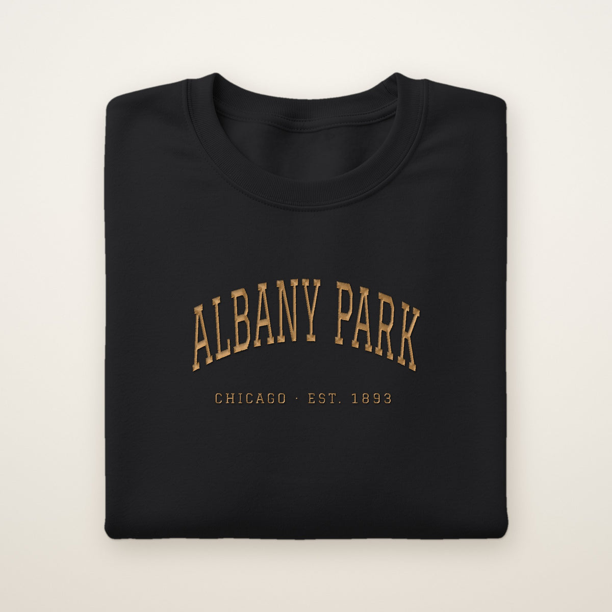 Albany Park Chicago Embroidered Crewneck — Gold Thread on Black