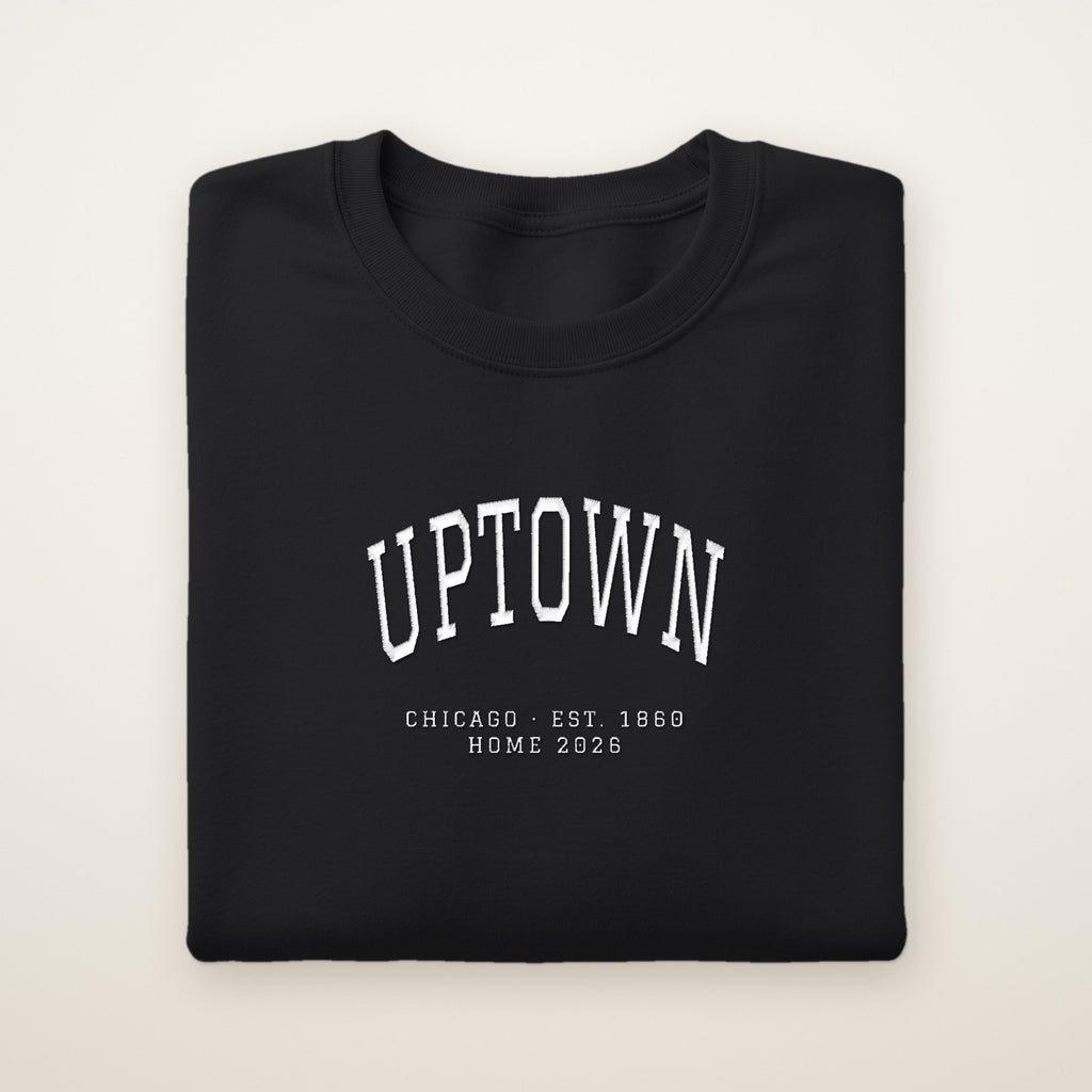 Uptown Chicago Home 2026 Embroidered Crewneck — White Thread on Black