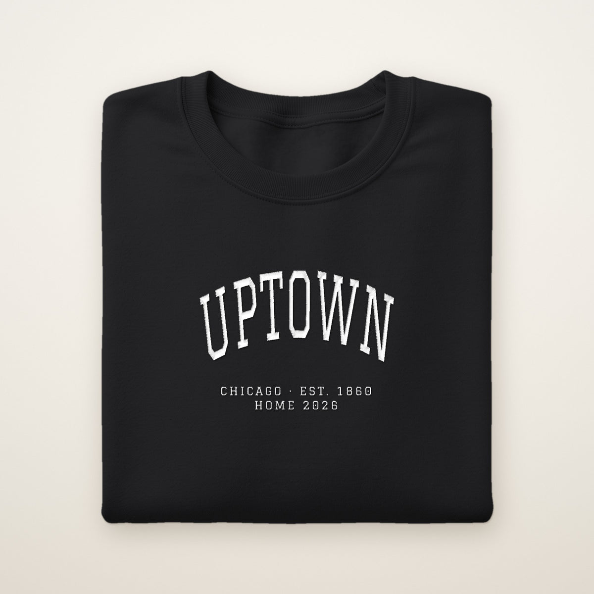 Uptown Chicago Home 2026 Embroidered Crewneck — White Thread on Black