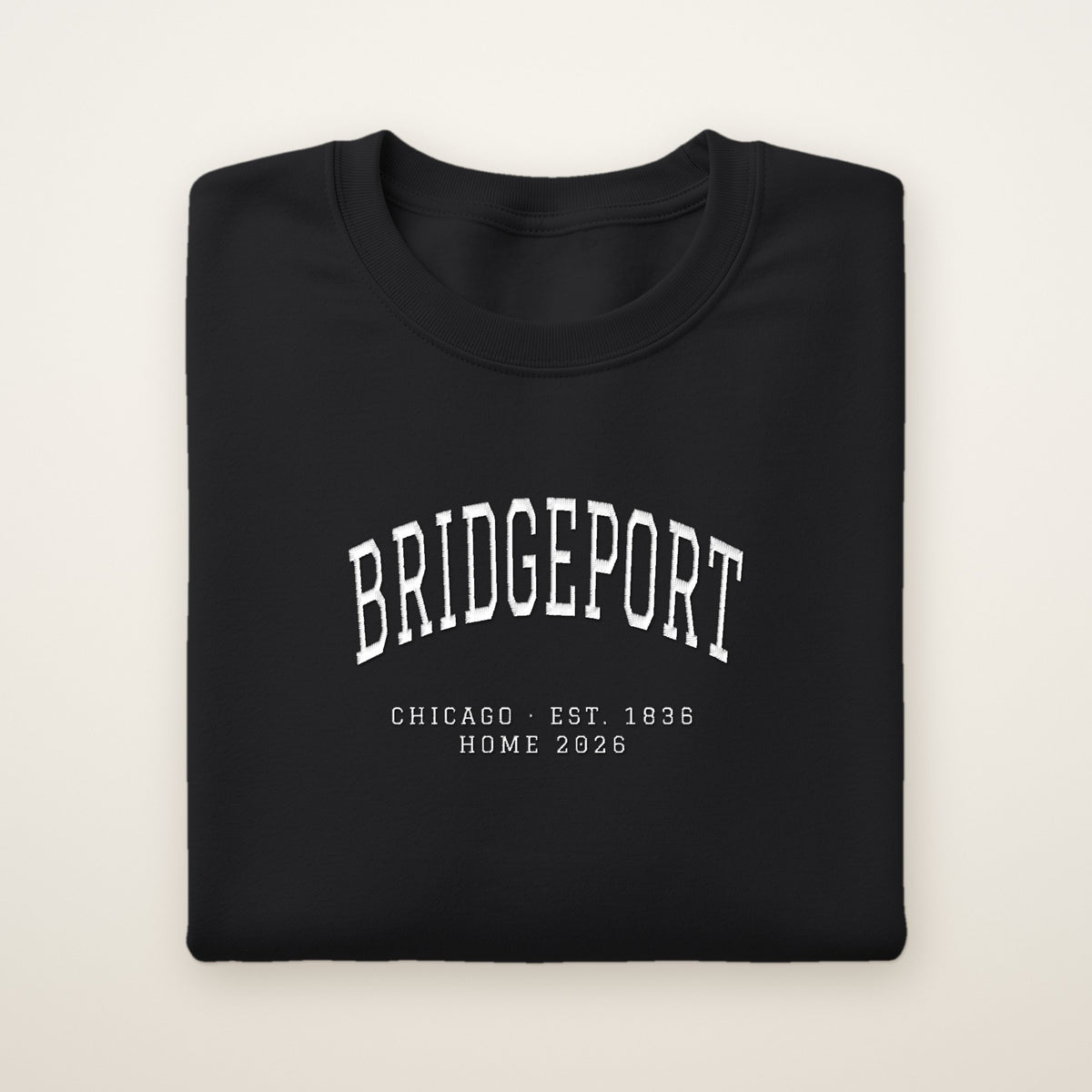 Bridgeport Chicago Home 2026 Embroidered Crewneck — White Thread on Black