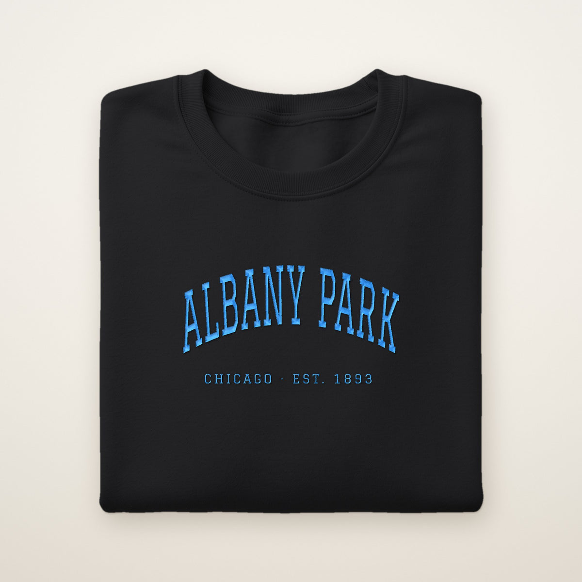 Albany Park Chicago Embroidered Crewneck — Sky Blue Thread on Black