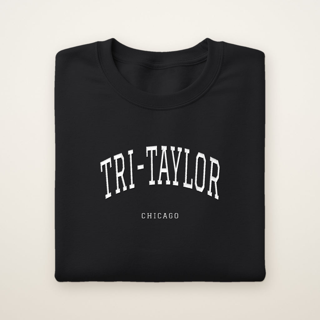 Tri-Taylor Chicago Embroidered Crewneck — White Thread on Black