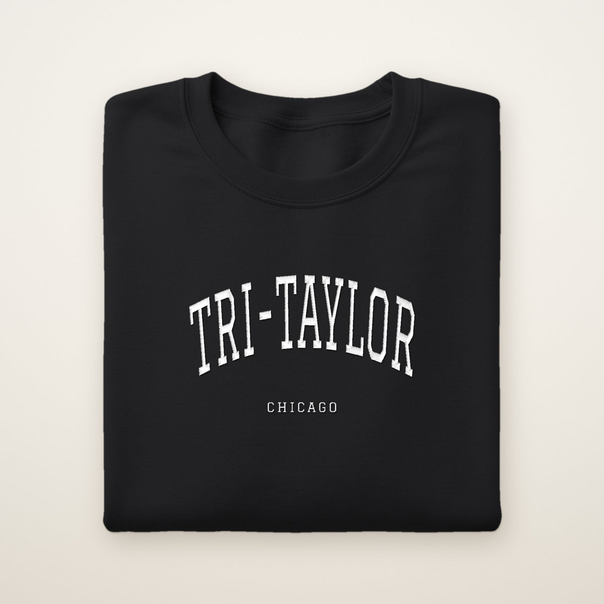Tri-Taylor Chicago Embroidered Crewneck — White Thread on Black