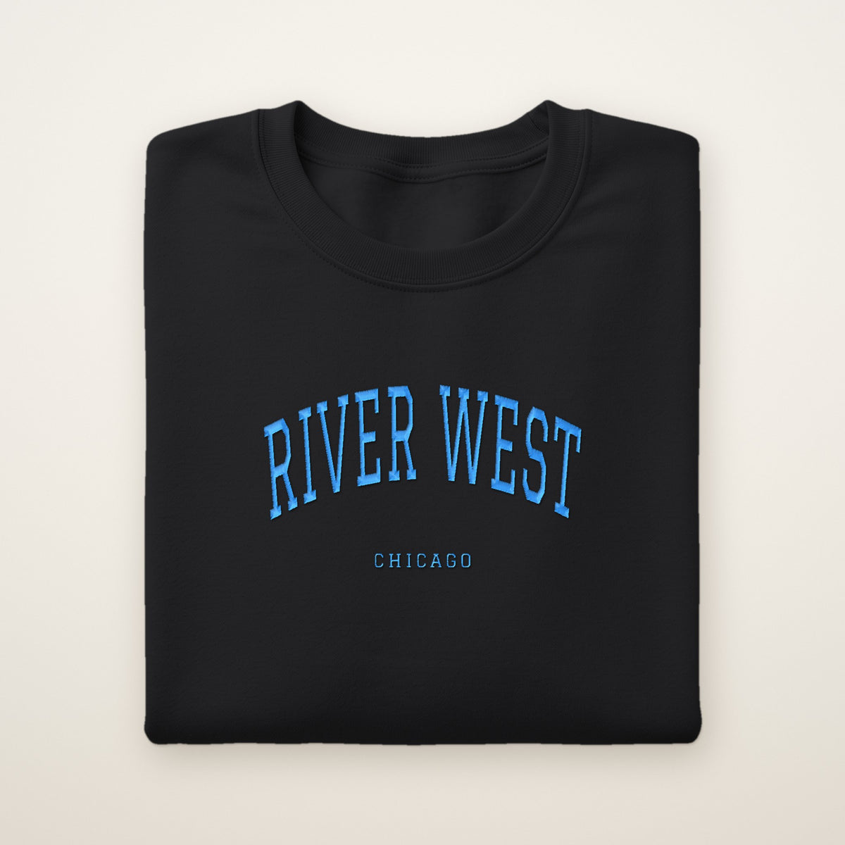 River West Chicago Embroidered Crewneck — Sky Blue Thread on Black