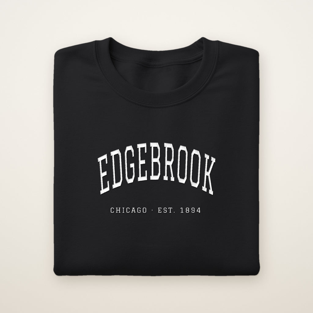 Edgebrook Chicago Embroidered Crewneck — White Thread on Black