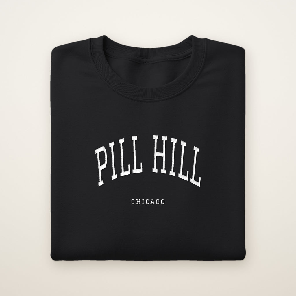 Pill Hill Chicago Embroidered Crewneck — White Thread on Black
