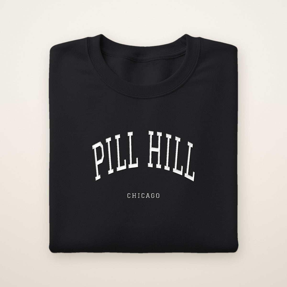 Pill Hill Chicago Embroidered Crewneck — White Thread on Black