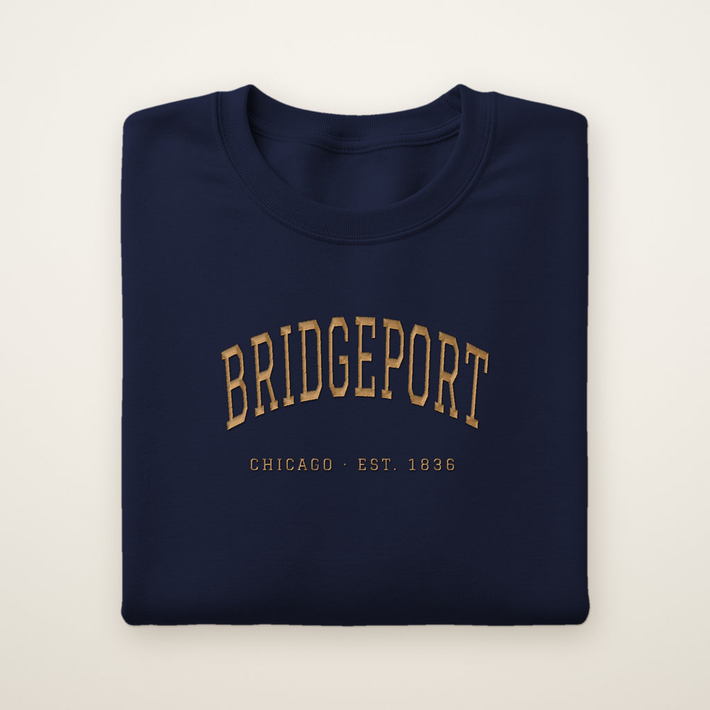 Bridgeport Chicago embroidered crewneck sweatshirt, Navy, gold embroidery