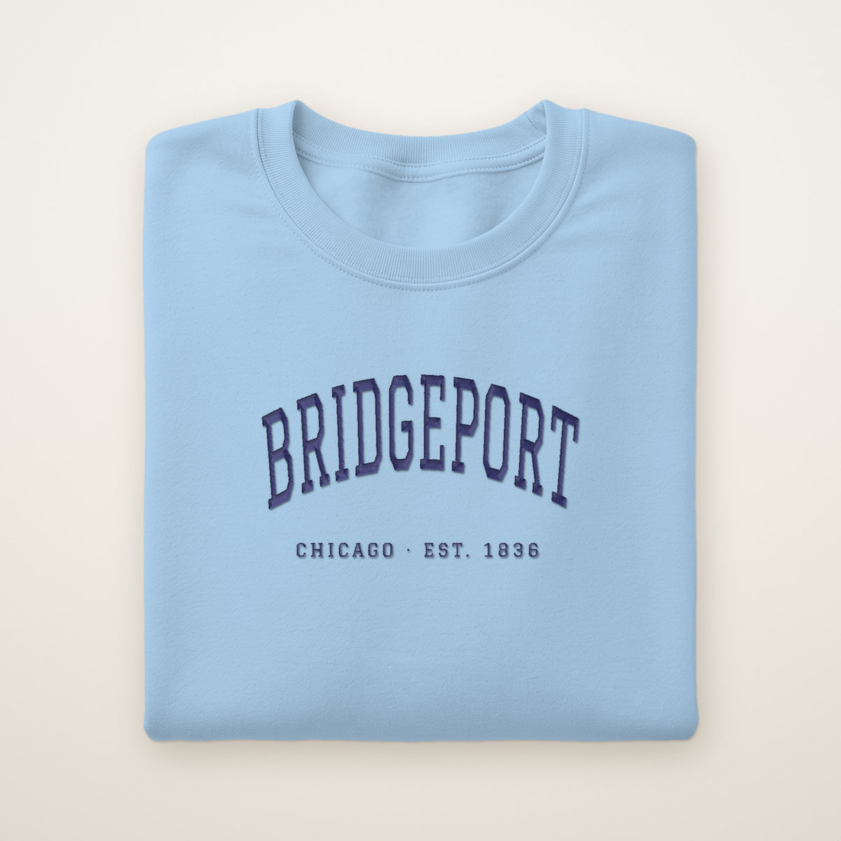 Bridgeport Chicago embroidered crewneck sweatshirt, Light Blue, navy embroidery