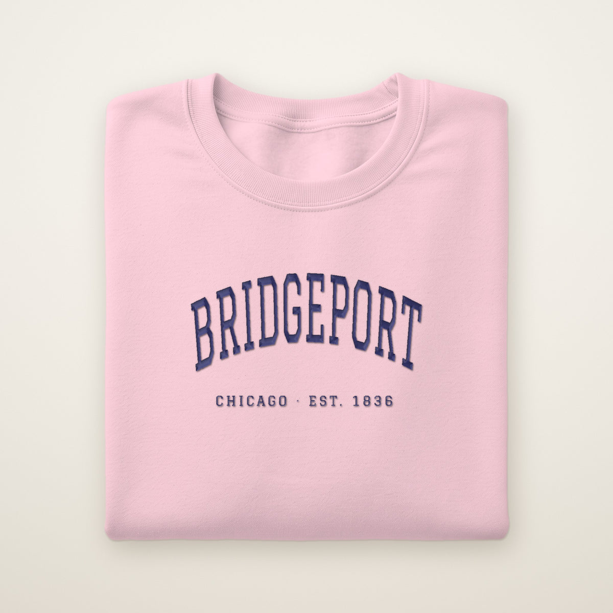 Bridgeport Chicago embroidered crewneck sweatshirt, Light Pink, navy embroidery