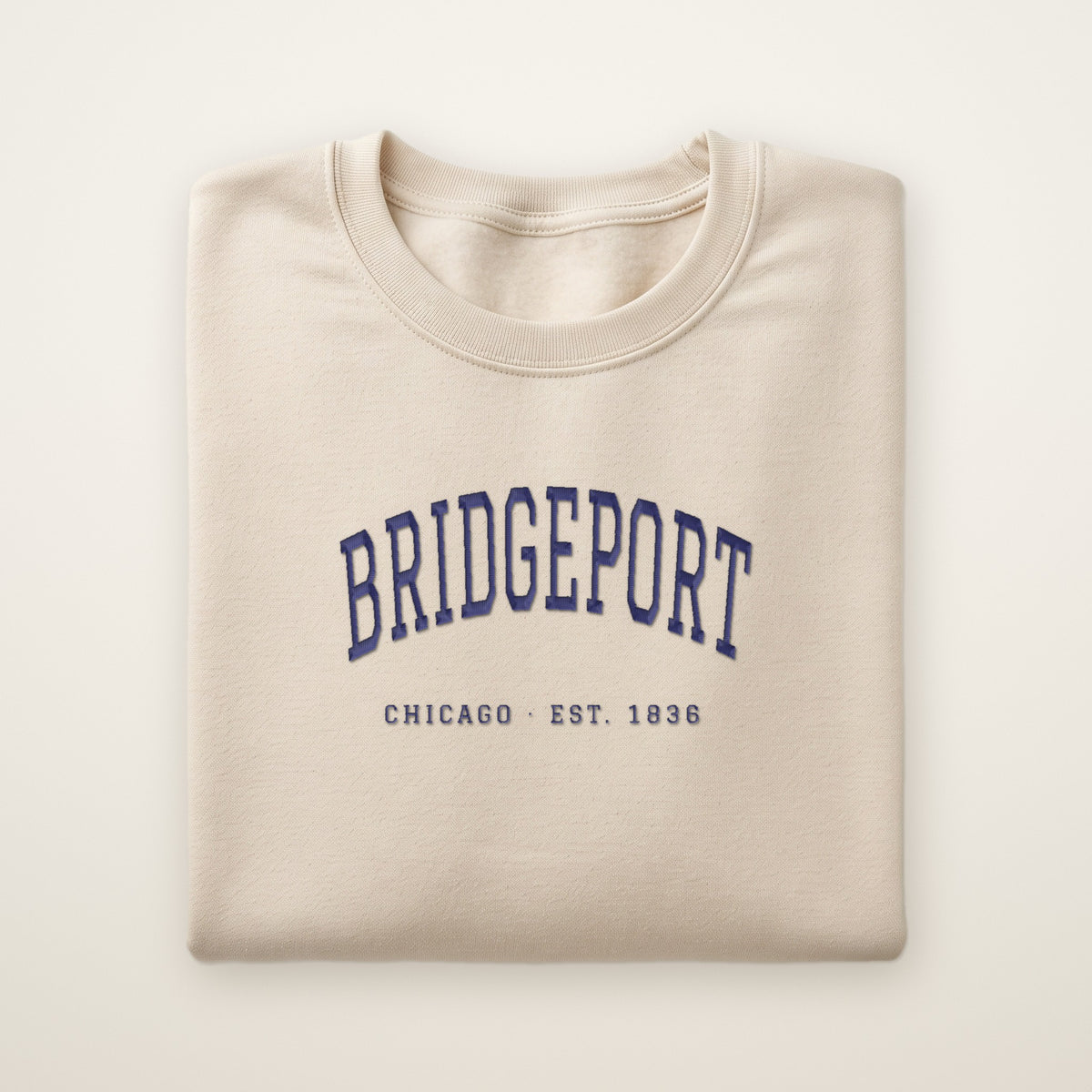 Bridgeport Chicago embroidered crewneck sweatshirt, Sand, navy embroidery