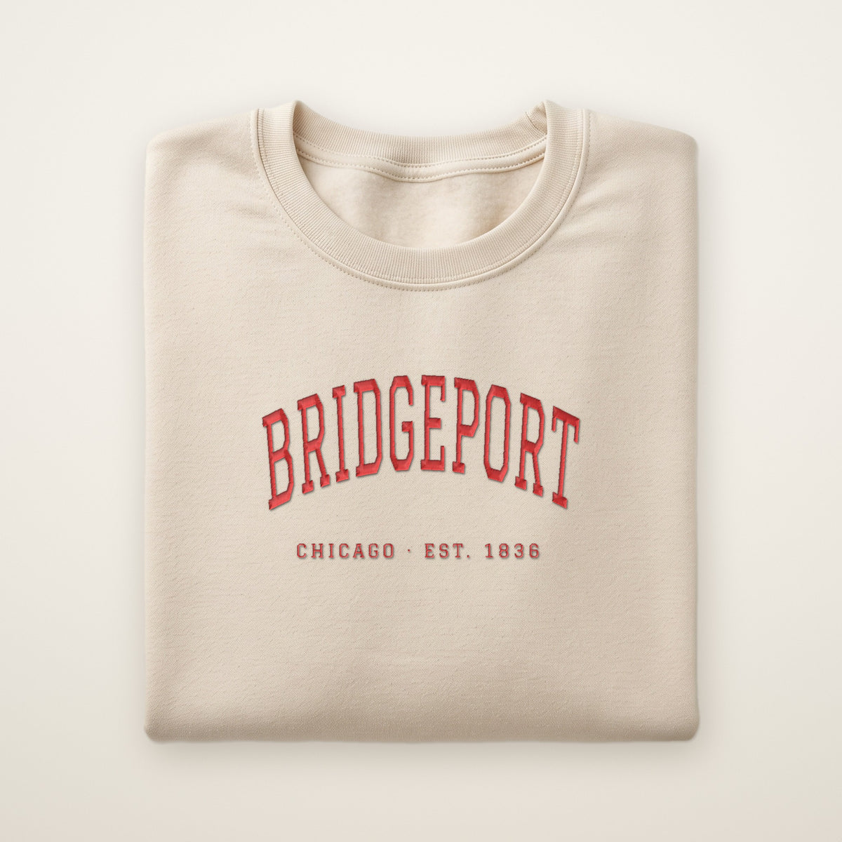 Bridgeport Chicago embroidered crewneck sweatshirt, Sand, red embroidery