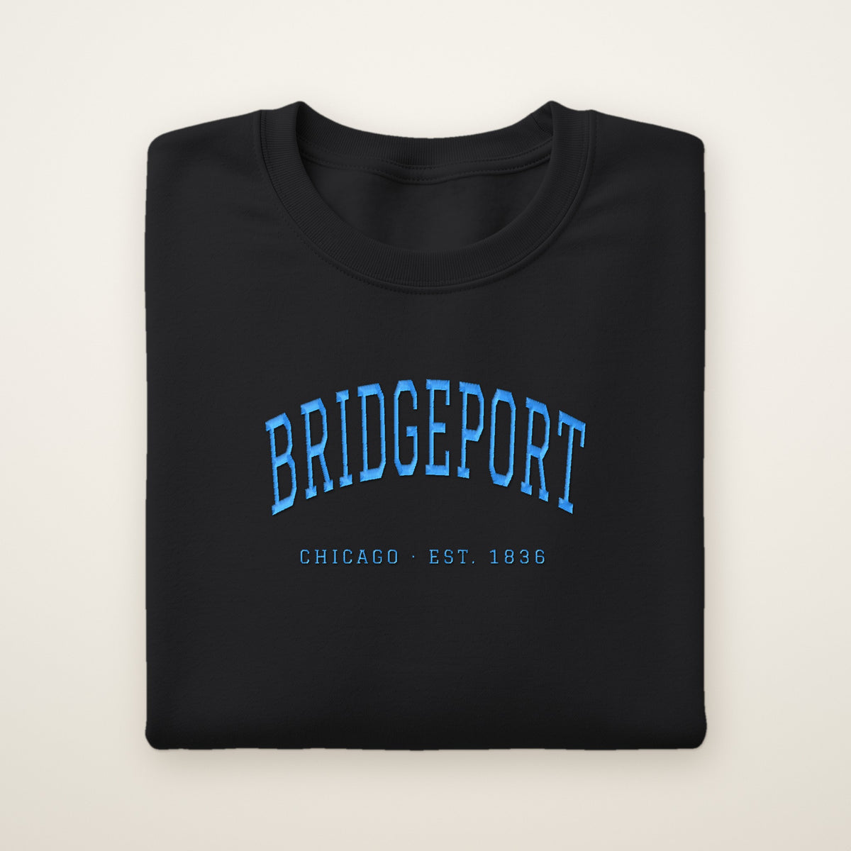 Bridgeport Chicago embroidered crewneck sweatshirt, Black, sky blue embroidery