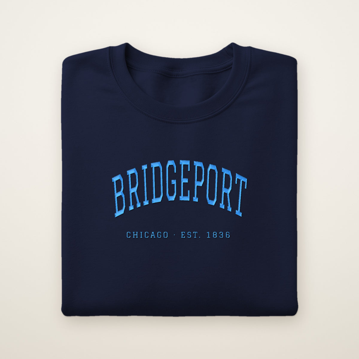 Bridgeport Chicago embroidered crewneck sweatshirt, Navy, sky blue embroidery