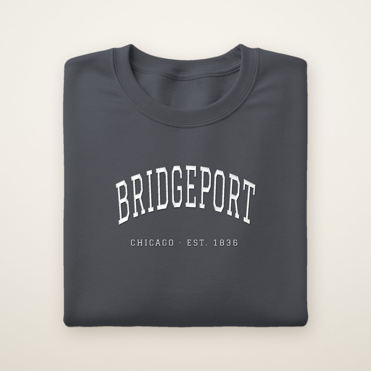Bridgeport Chicago embroidered crewneck sweatshirt, Dark Heather, white embroidery