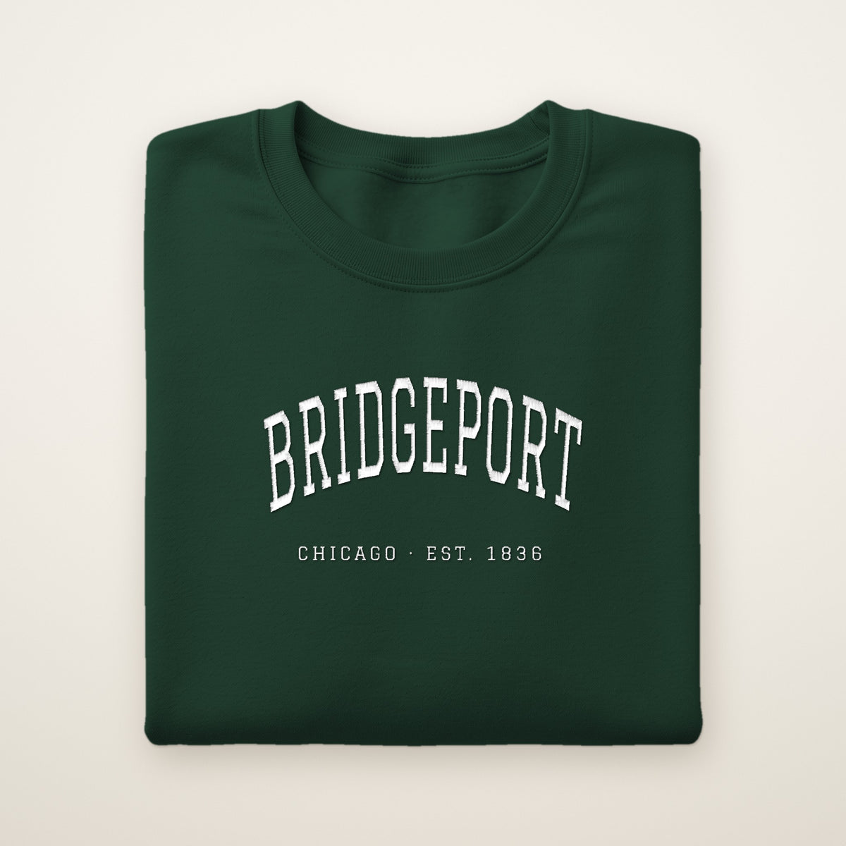 Bridgeport Chicago embroidered crewneck sweatshirt, Forest Green, white embroidery