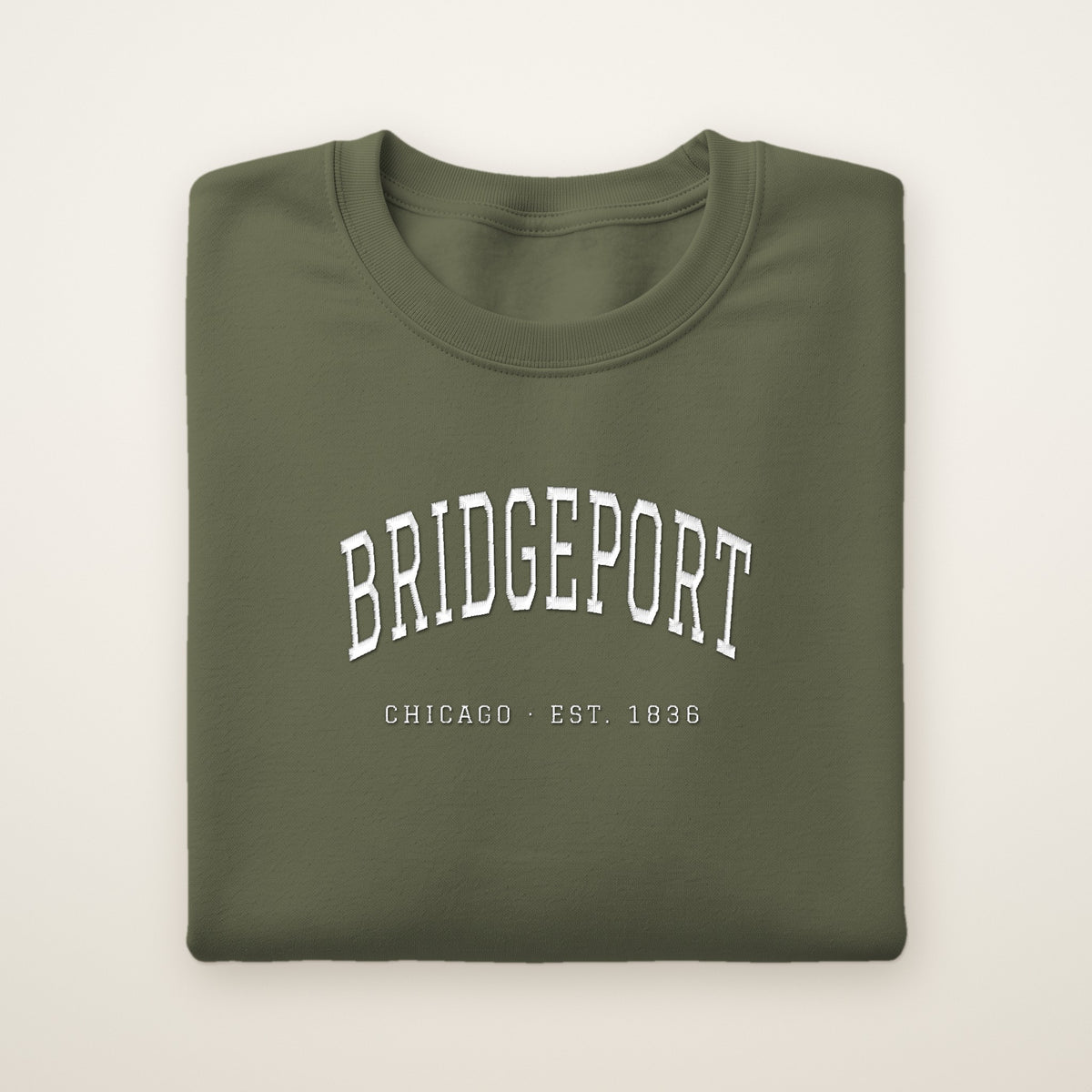 Bridgeport Chicago embroidered crewneck sweatshirt, Military Green, white embroidery