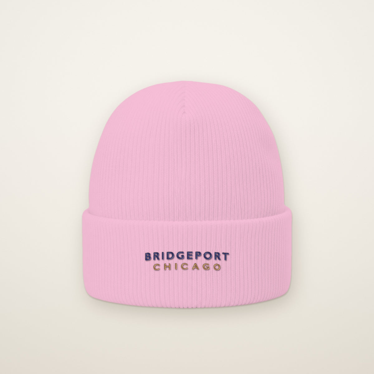 Bridgeport Chicago Embroidered Cuffed Beanie, Navy Thread, Baby Pink