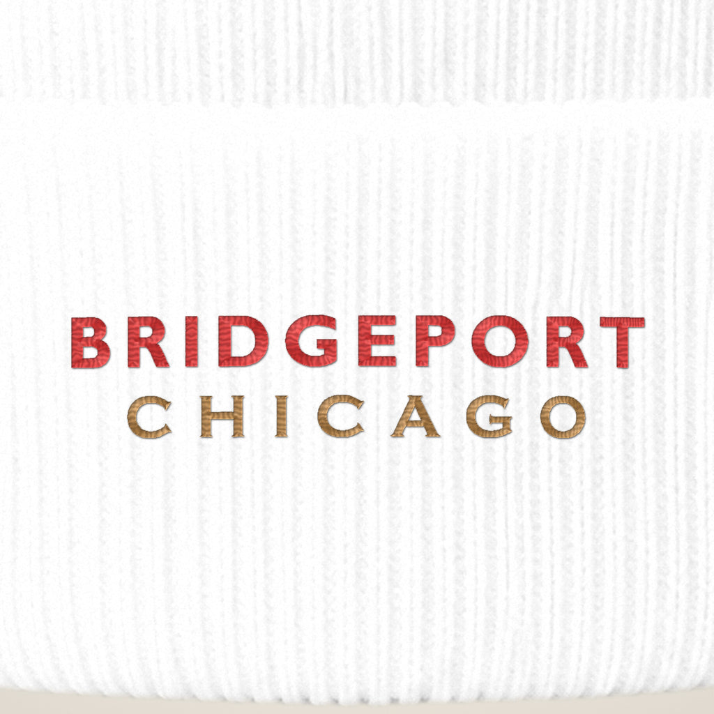 Bridgeport Chicago embroidery close-up in red and old gold thread