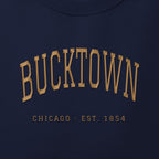 Close-up of gold satin-stitch Bucktown embroidery
