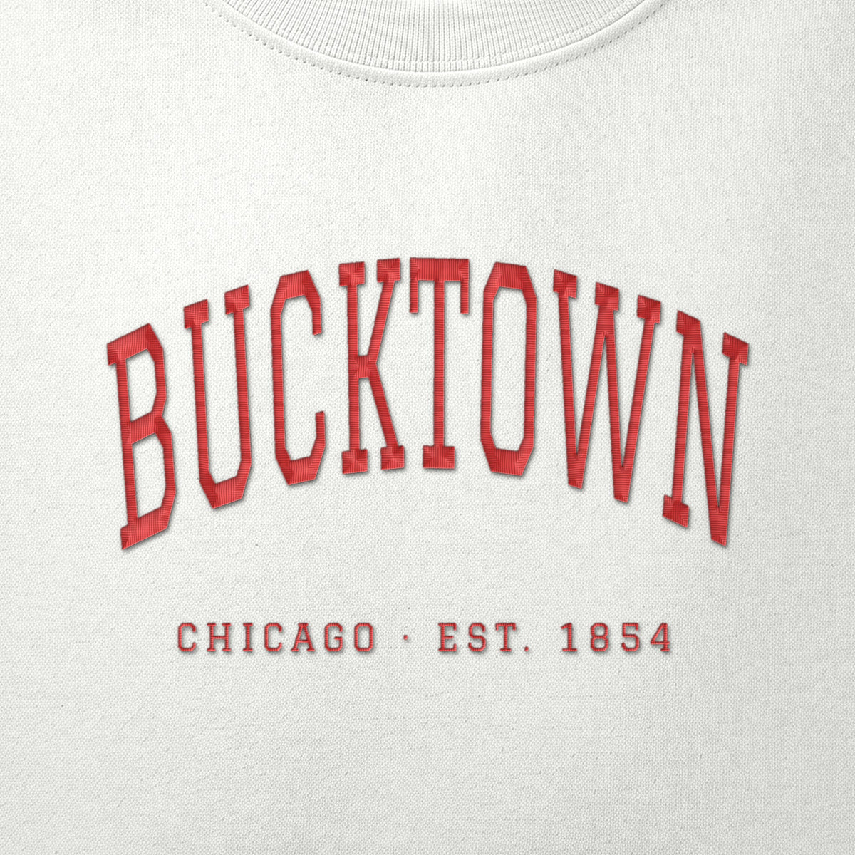 Close-up of red satin-stitch Bucktown embroidery