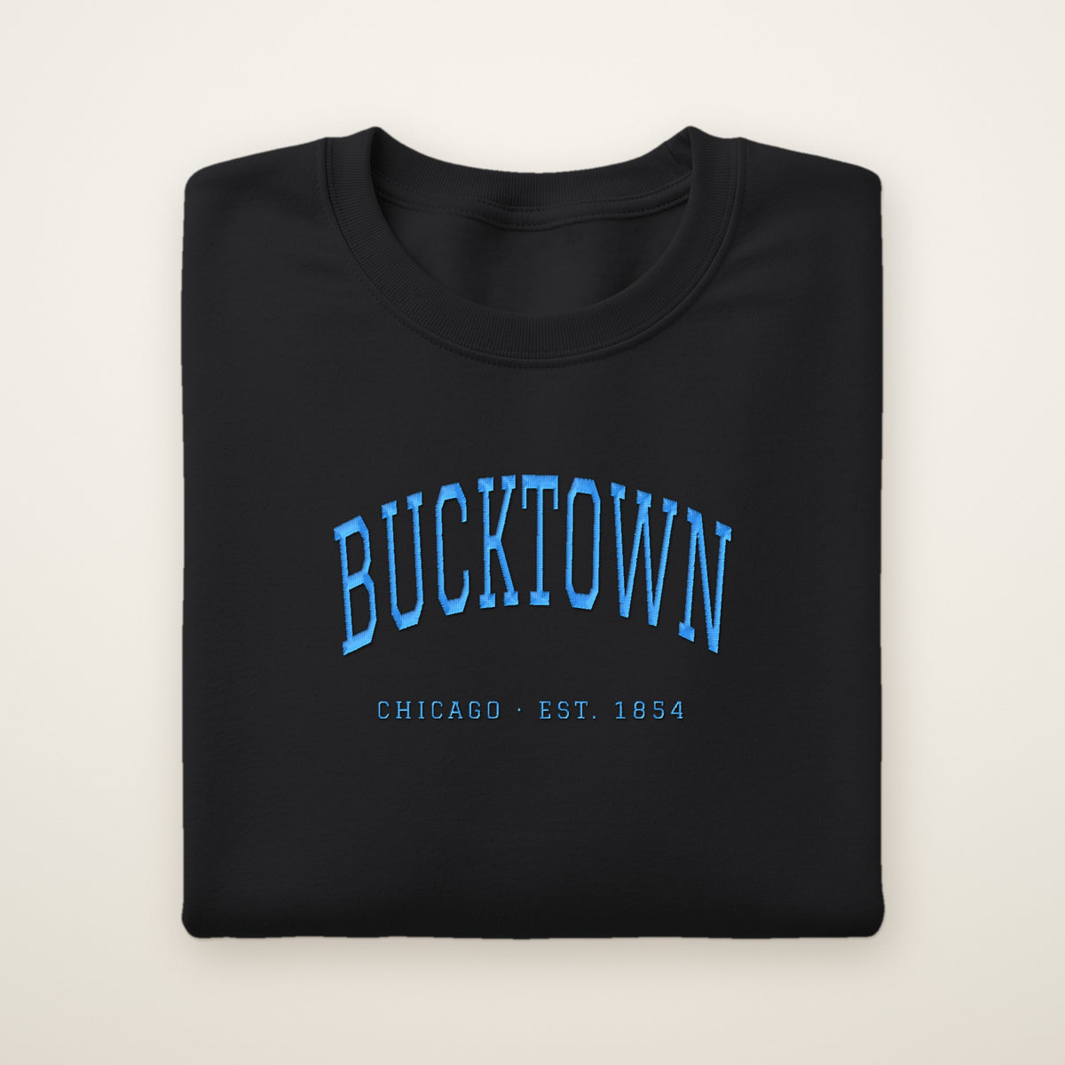 Bucktown Chicago embroidered crewneck sweatshirt, Black, sky blue embroidery