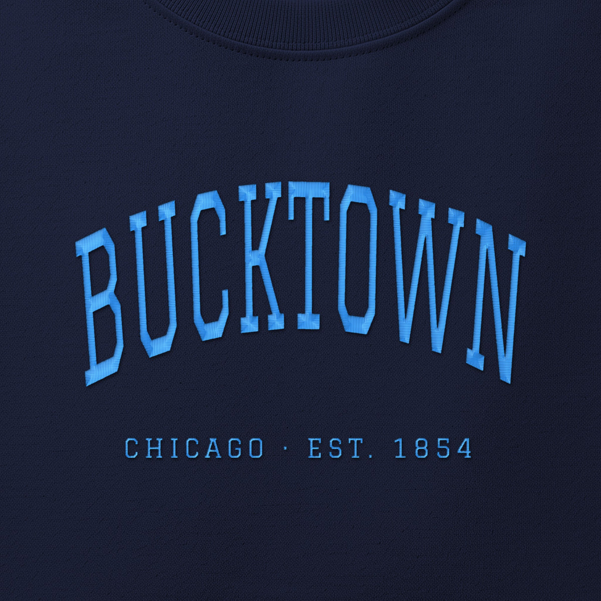 Close-up of sky blue satin-stitch Bucktown embroidery
