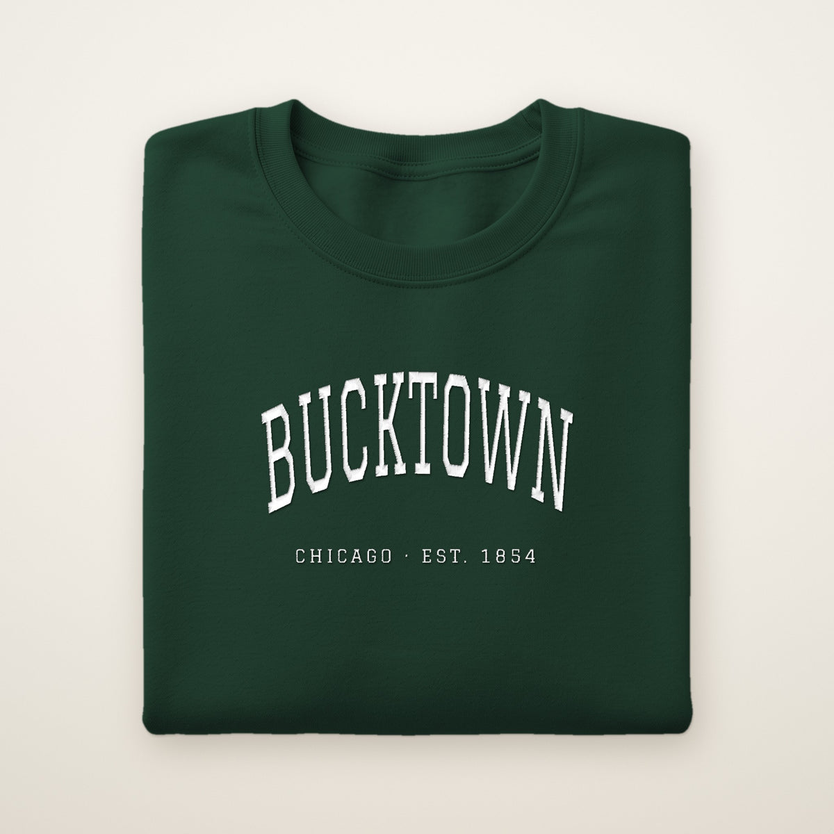 Bucktown Chicago embroidered crewneck sweatshirt, Forest Green, white embroidery