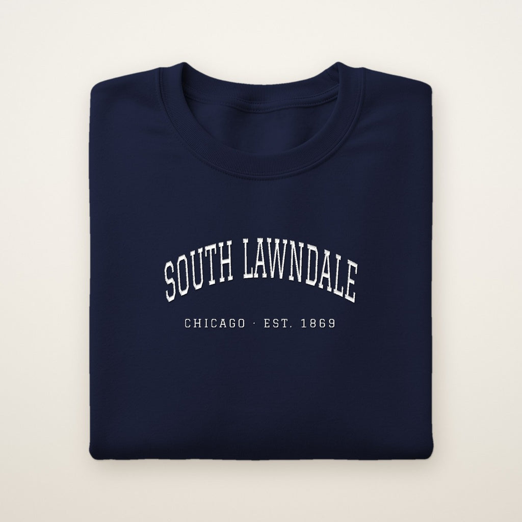 South Lawndale Chicago Embroidered Crewneck — White Thread