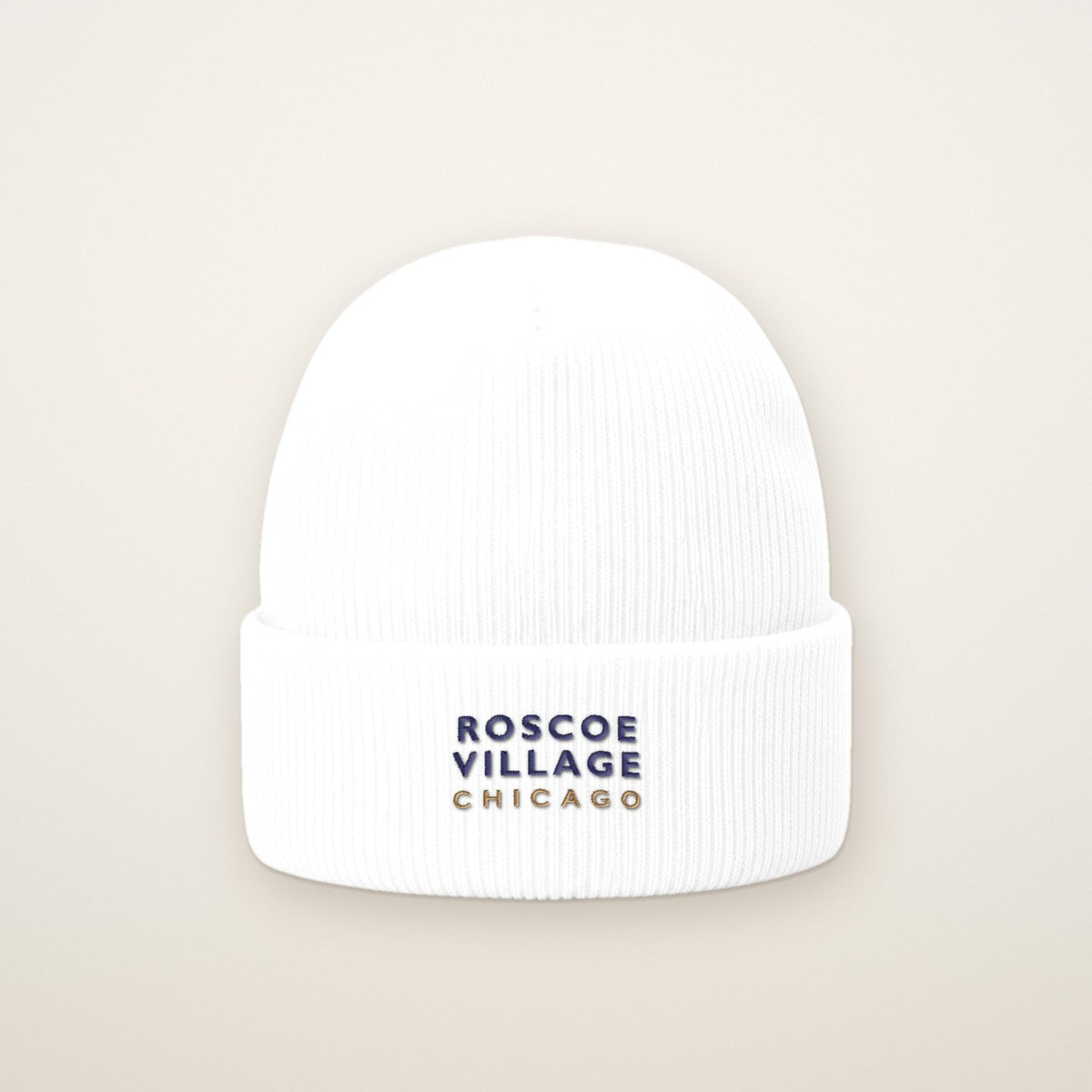 Roscoe Village Chicago Embroidered Cuffed Beanie — Navy Thread