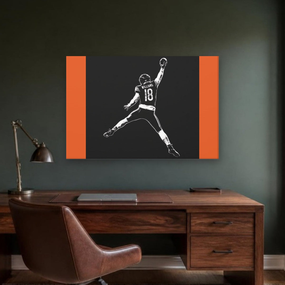 Caleb Williams Canvas Wall Art | Navy & Orange Silhouette in a home office