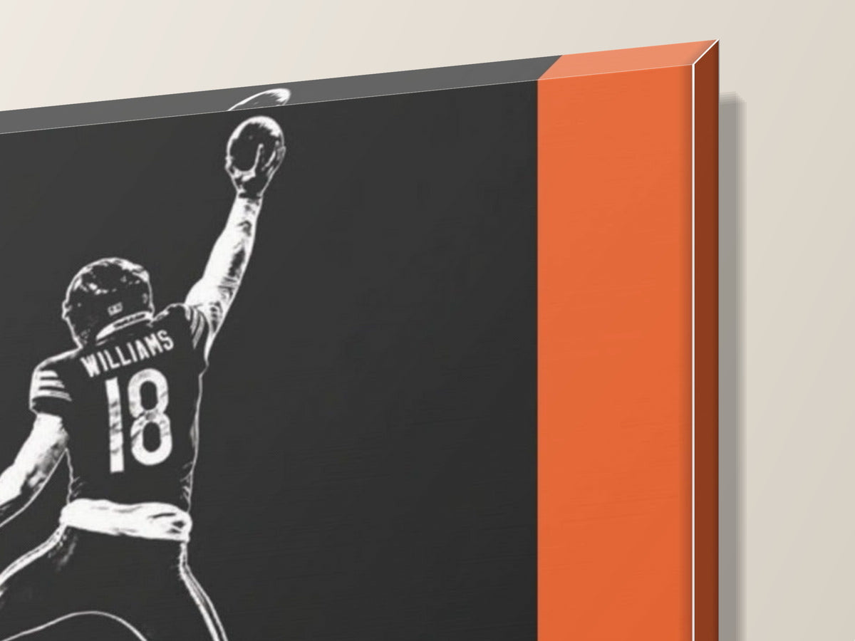 Caleb Williams Canvas Wall Art | Navy & Orange Silhouette — close-up of the gallery-wrapped corner and 1.25-inch edge
