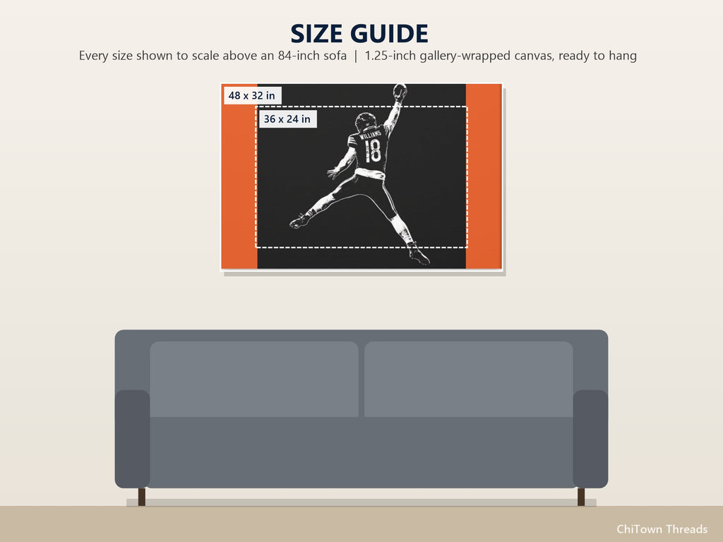 Caleb Williams Canvas Wall Art | Navy & Orange Silhouette — size guide: 36 x 24, 48 x 32 in to scale above a sofa